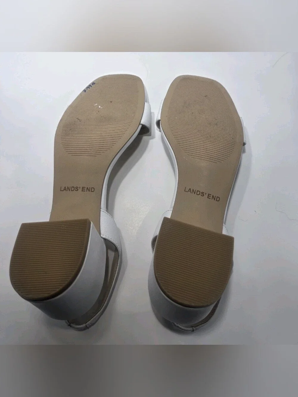 Lands’ End Women’s White Leather Slide Sandals Size Us 9 Mid Block Heel Slip On